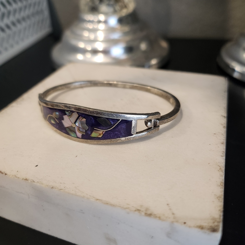 Vintage Alpaca Mexico Sterling Silver Purple With Shell Inlay Flower Bracelet